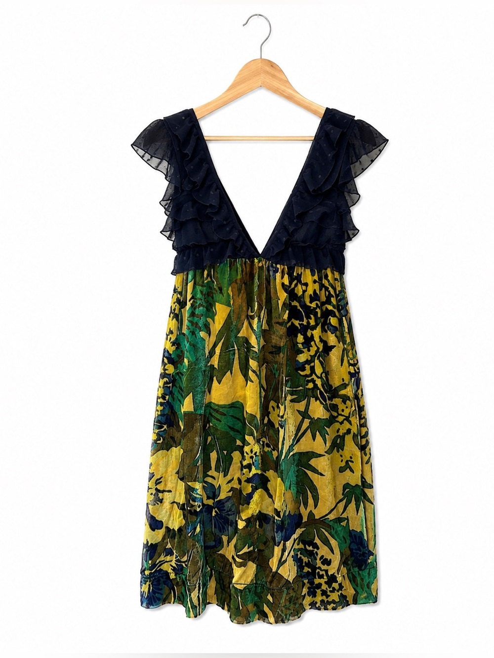 Free People Mini Dress XS Blue ruffle plunging neckline velvet burnout babydoll